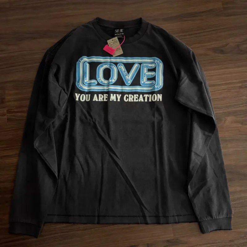 Hiphop Street Vintage Distressed Black Men Women Saint Long Sleeve T-shirts Love Folding Paper Crane Pattern Crack Print Tops