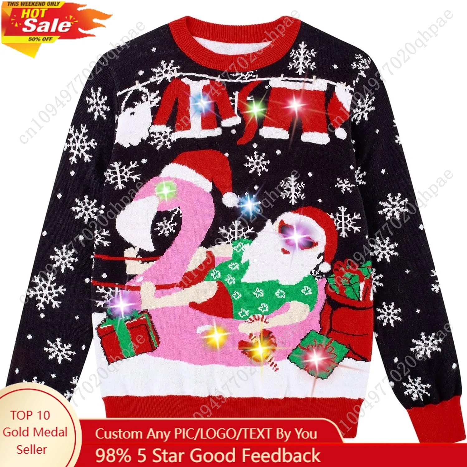 

Ahegao Kids Christmas Sweater Xman Graphic Sweatshirts LED Light Up Knitted Pullover for 7-14Y