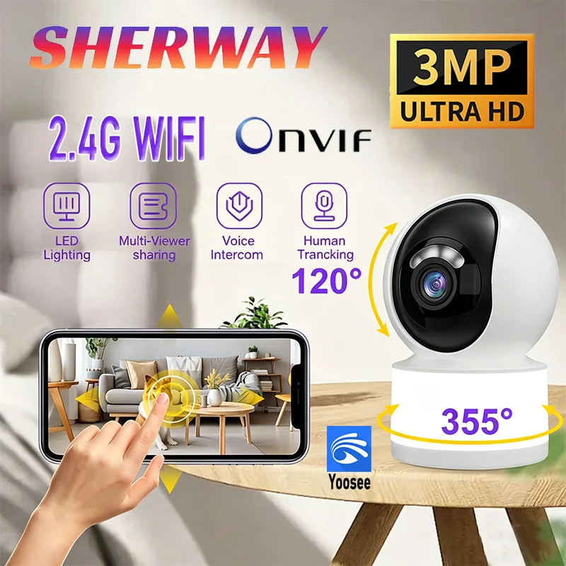 

3 МП IP WiFi камера 2,4 ГГц для внутреннего использования, мини-камера для безопасности и наблюдения за ребенком, 360° ° Панорамная поворотная камера ночного видения с цветным изображением и подсветкой Yoosee
