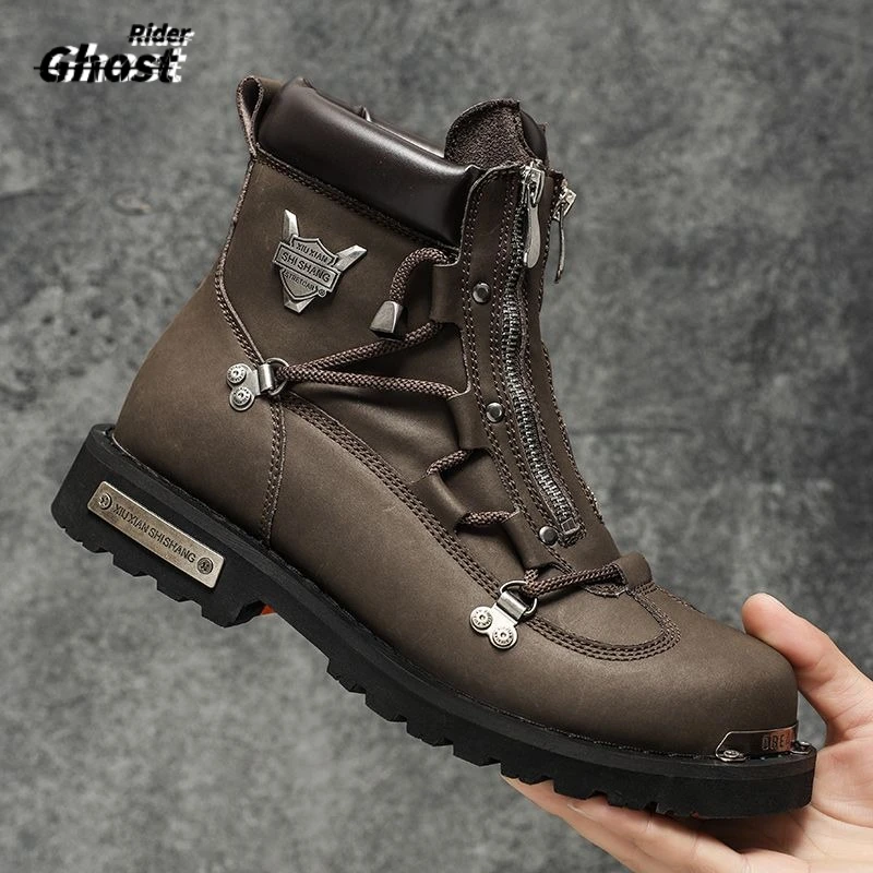 Men's High-Top Motorcycle Boots Fashionable Punk Style Anti-Slip Wear-Resistant Multi-Zipper Metal Elements Leather Boots