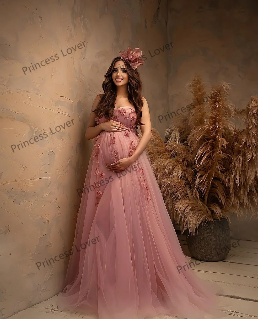 Blush Pink Maternity Photoshoot Dress for Women Sweetheart 3D Flowers Prom Dresses 2023 Flowy Maxi Gown Plus Size