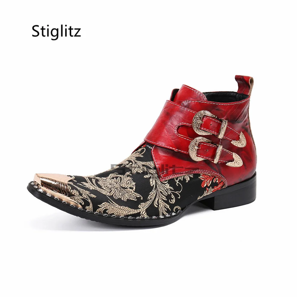 

Embroidery Chelsea Boots for Men Metal Pointed Toe Side Zipper Double Buckle Ankle Boots Red Cow Leather Banquet Dress Shoes