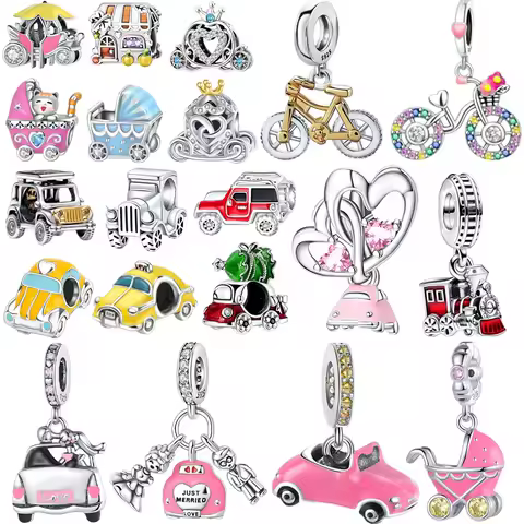 Car Pendant 925 Sterling Silver Cute Bicycle Charms Pink Pumpkin Carriage Gem Ring Beads Fit Bracelet Necklace DIY Jewelry Gift