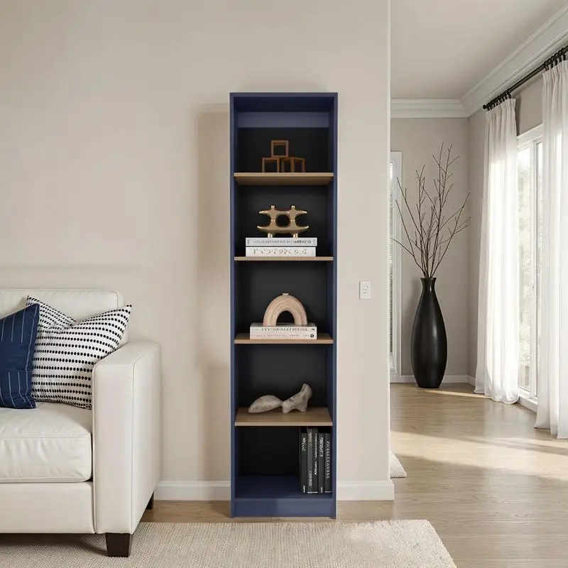 

Blue and Natural Oak Bally Bookshelf with 5 Open Shelves for Storage and Display