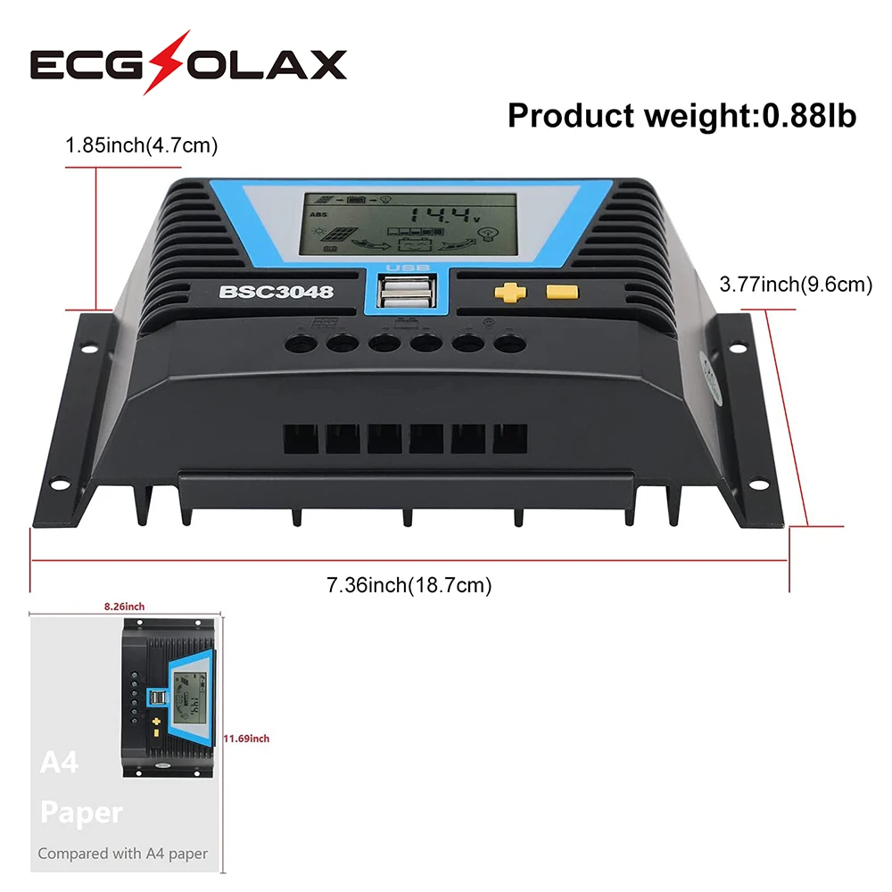 ECGSOLAX 12V 24V 36V 48V Intelligent Solar Charge Controller LCD Lithium Battery 20A 30A 60A 80A Solar Charge Regulator Dual USB