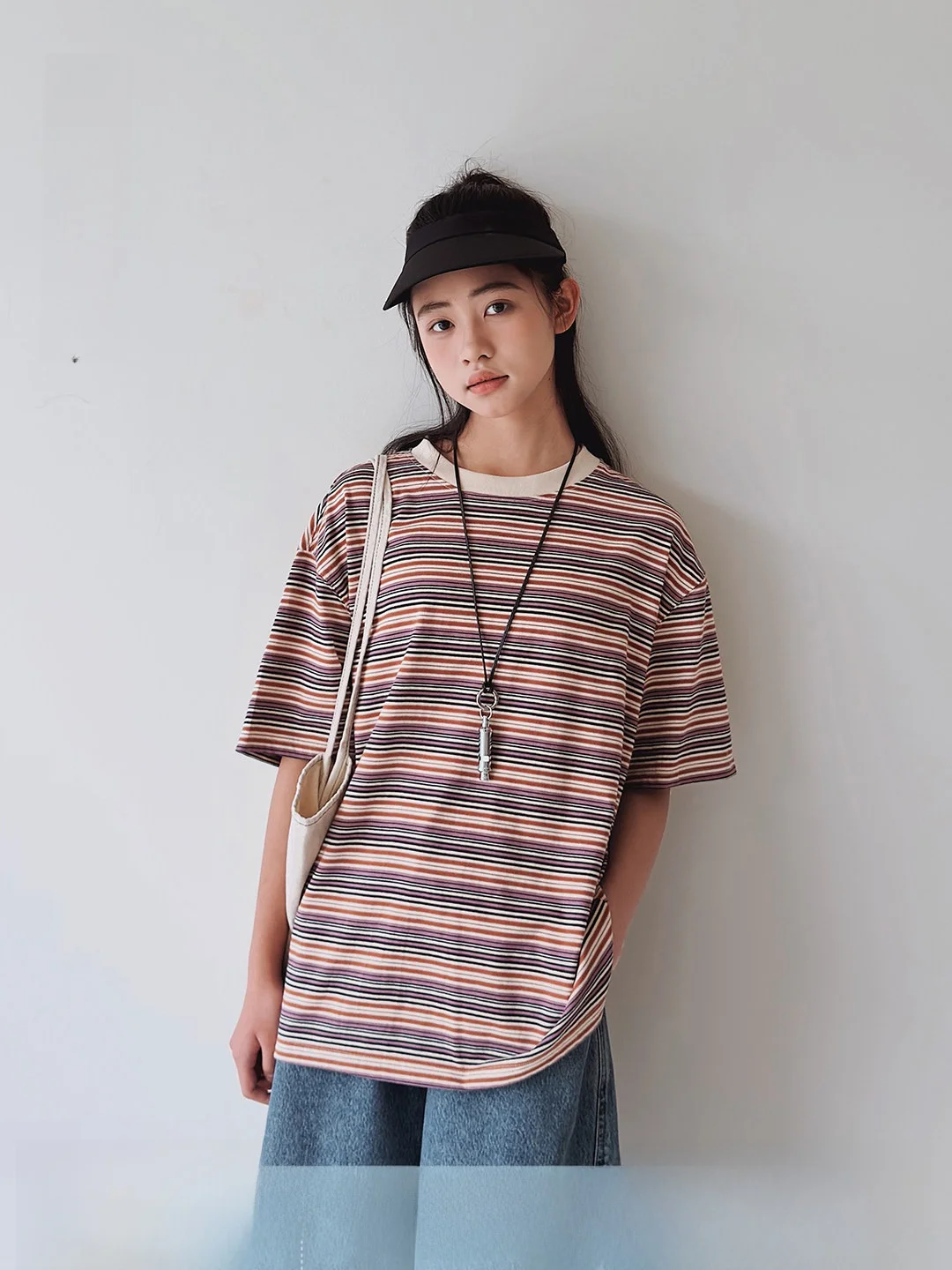 youthful-striped-short-sleeve-t-shirt-for-junior-high-school-girls-casual-style-cotton-material-summer-fashion-retro-design