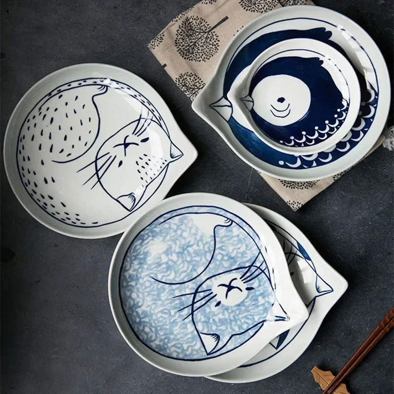 Creative Japanese style and wind hand-painted cartoon cat tableware household ceramic plate snack snack plate