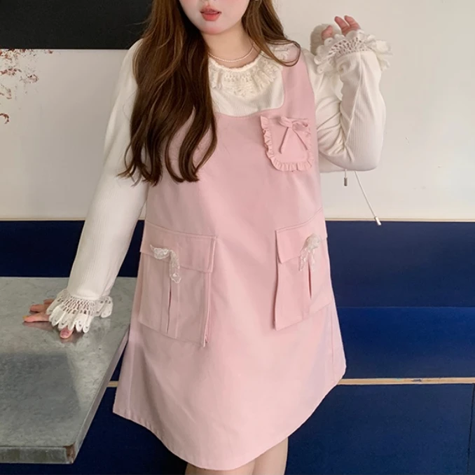 فساتين محبوكة جديدة للخريف باللون الوردي اللطيف مقاس كبير فستان نسائي عالي الخصر فضفاض على شكل حرف a متعدد الاستخدامات لتقليل العمر #5