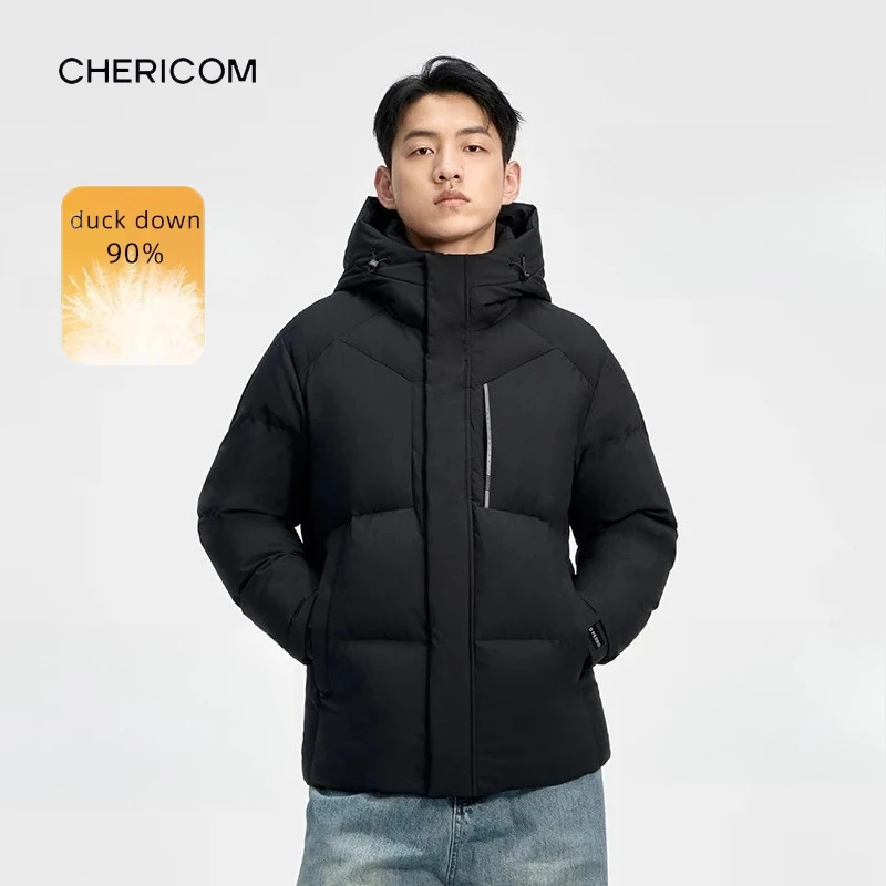 Chericom الرجال سترة شتوية مقنعين التباين سستة مبطن نمط سميكة جيب قصيرة البخاخ الحشو معاطف Y308600Y