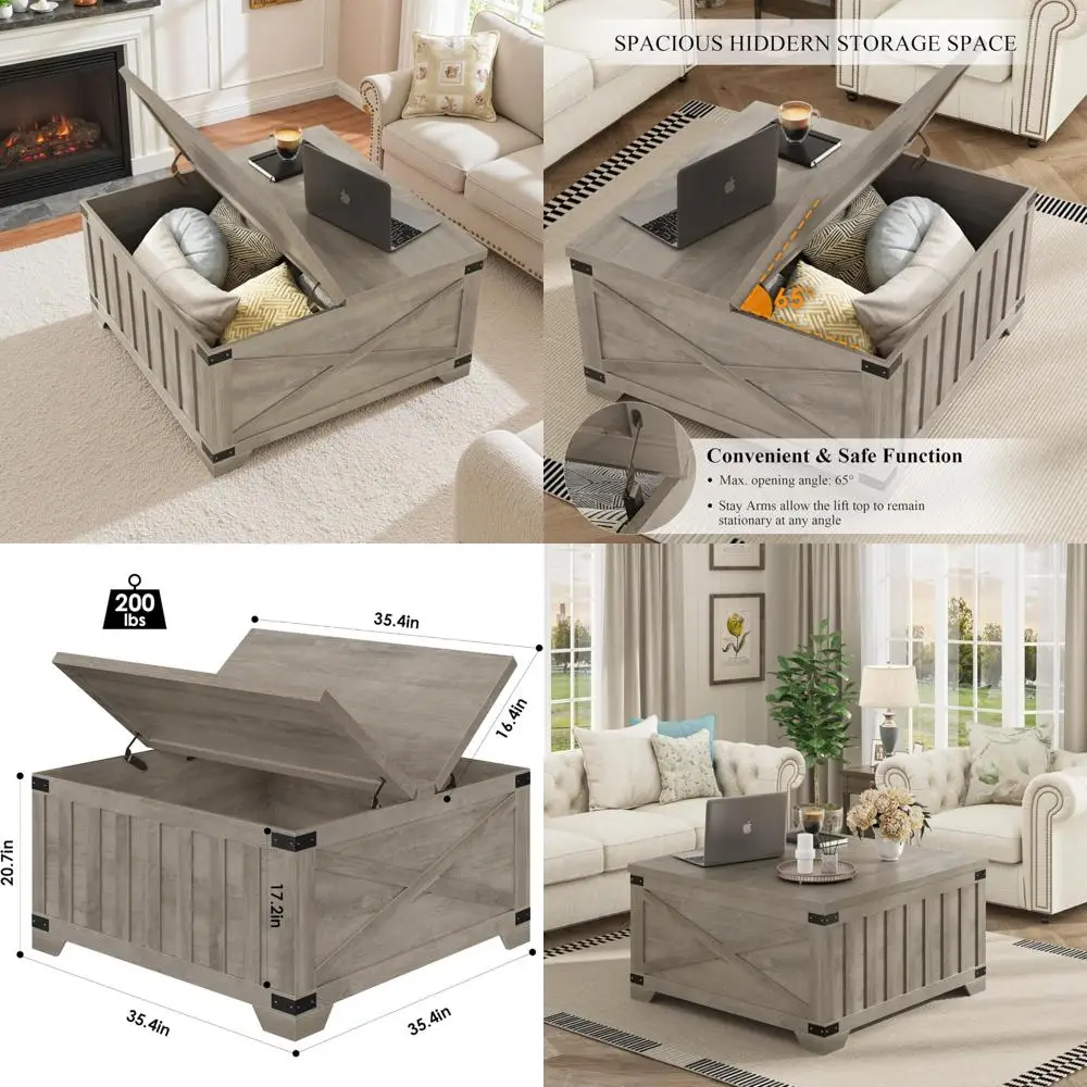 Vintage Lift-Top Coffee Table with Storage, 35.4 Square Center Vintage Wood Cocktail Table, Hinged Top for Easy Access, Rustic S