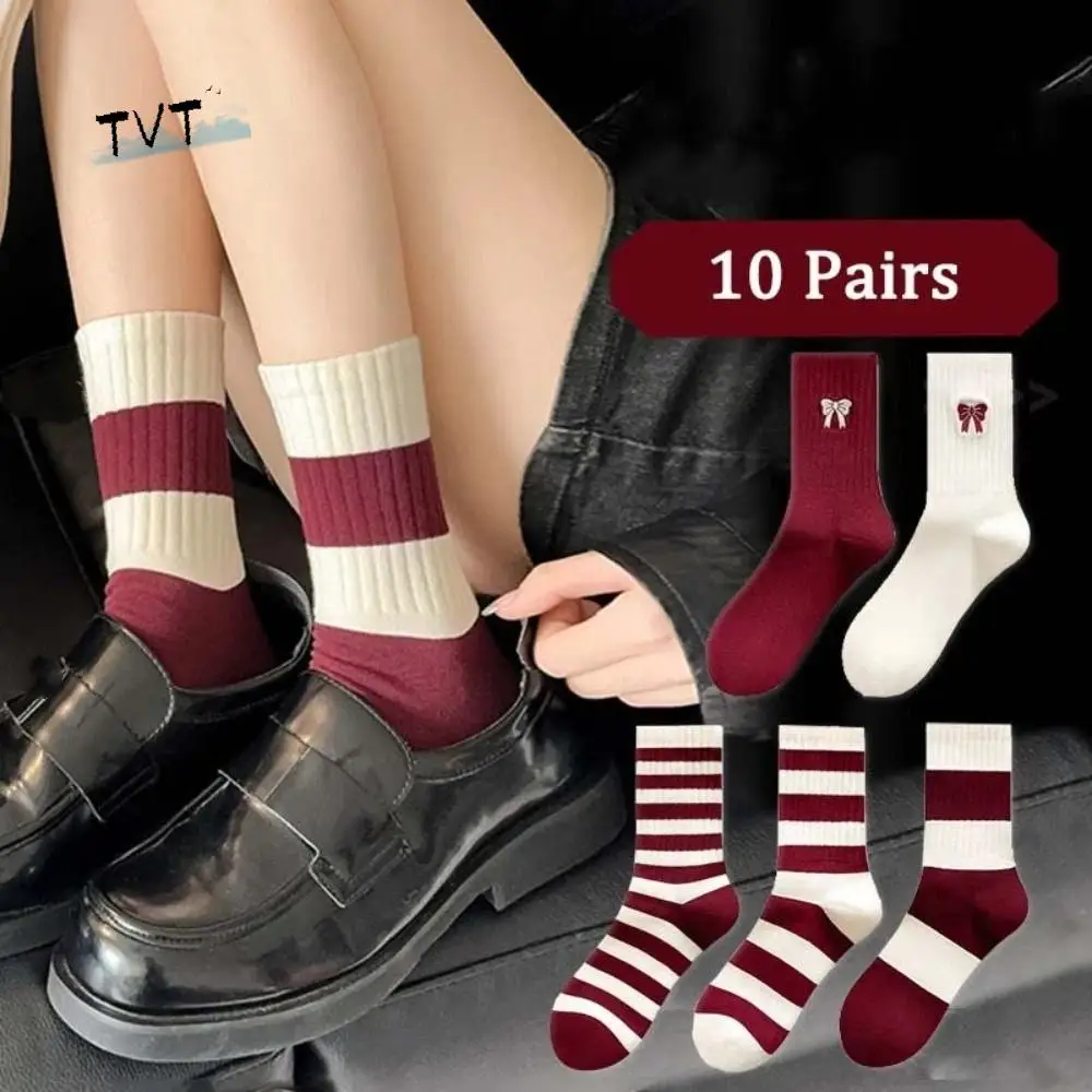 

10Pairs Patchwork Embroidery Bow Socks Non-slip Breathable Stripe Tube Socks Sweet Cotton New Year Christmas Socks School