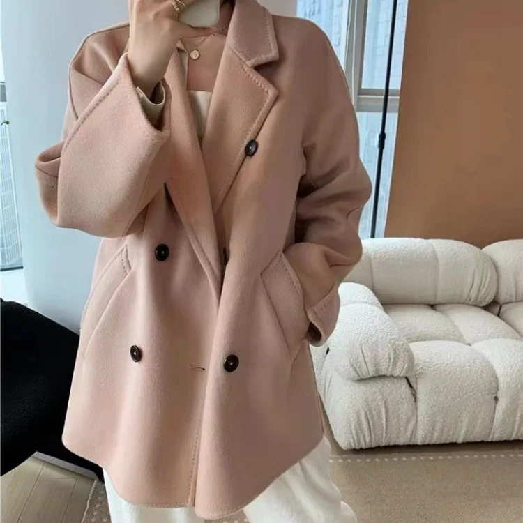 Double sided cashmere coat for women, high payment, high version, versatile, 10% cashmere double breasted buttons