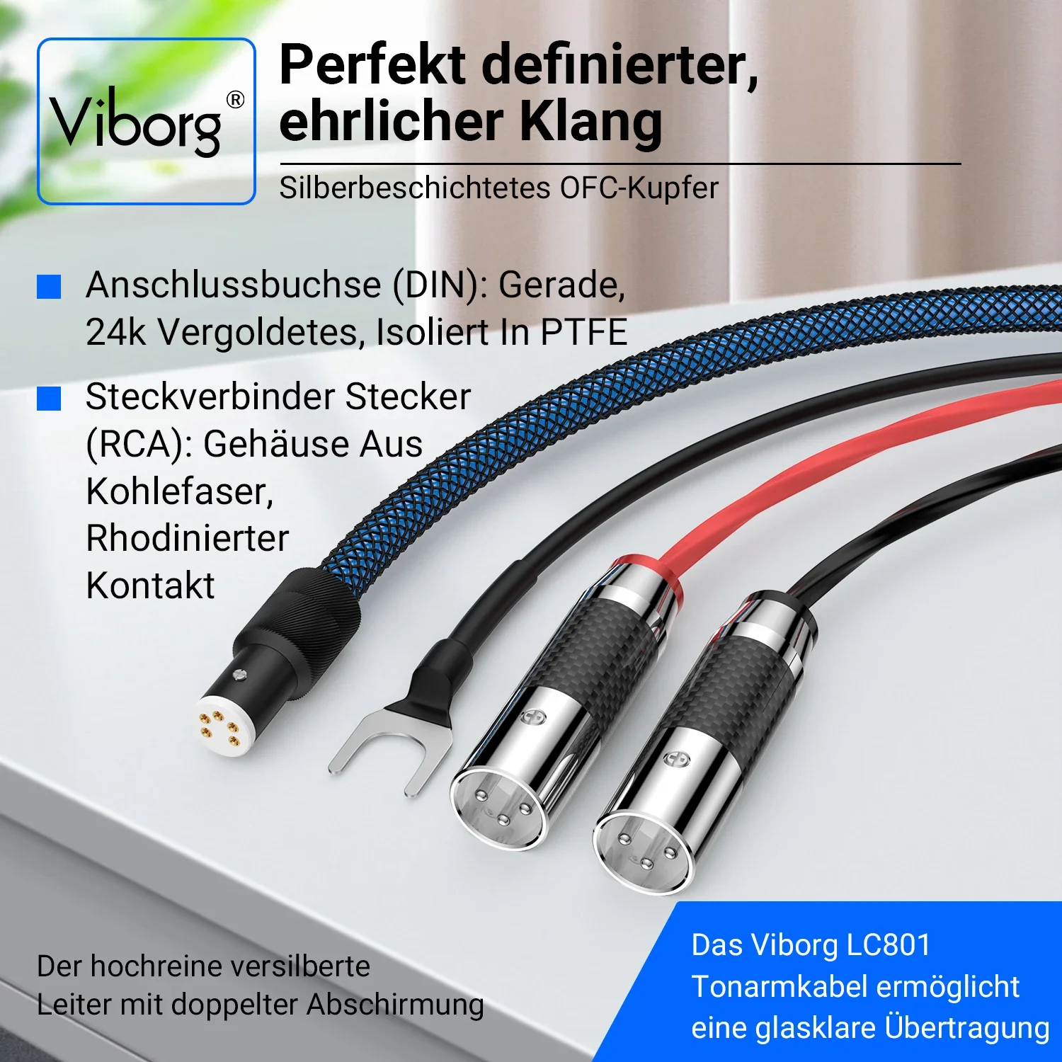 Viborg LC800 LC801 LC802 OFC Silver Plated Tonearm Cable 5 Pin DIN to XLR / RCA with Ground U Spade Plug Phono Turntable Cable