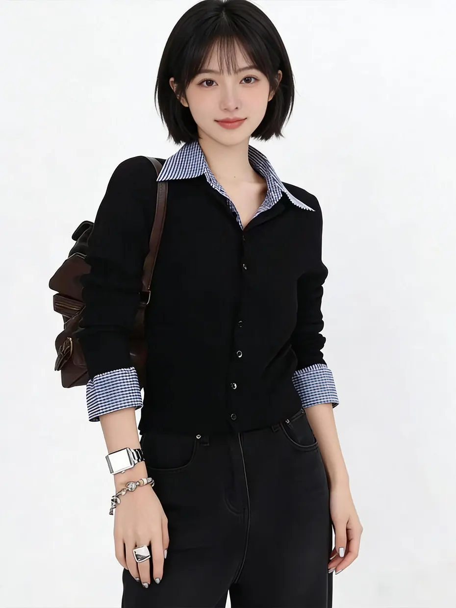 

Women's Plaid Shirt Collar Splice Knitted Sweater Coat Slim Fit Base Layer Top Autumn Winter Outerwear Neck Open Cardigan