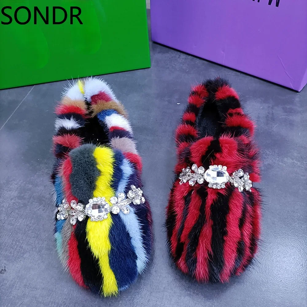 Womens Real Mink Fur Rainbow Colors Loafers Rhinestones Crystal Chain Flats Shoes 5Colors  New 2024