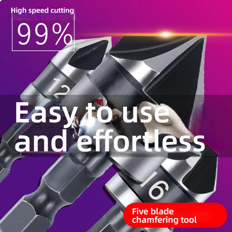 

3-Piece Carbon Steel 90° Hex Shank 5-Flute Chamfer Tool - 12mm & 19mm Black Countersink Drill | Woodworking Hole Cutter, Heavy-D