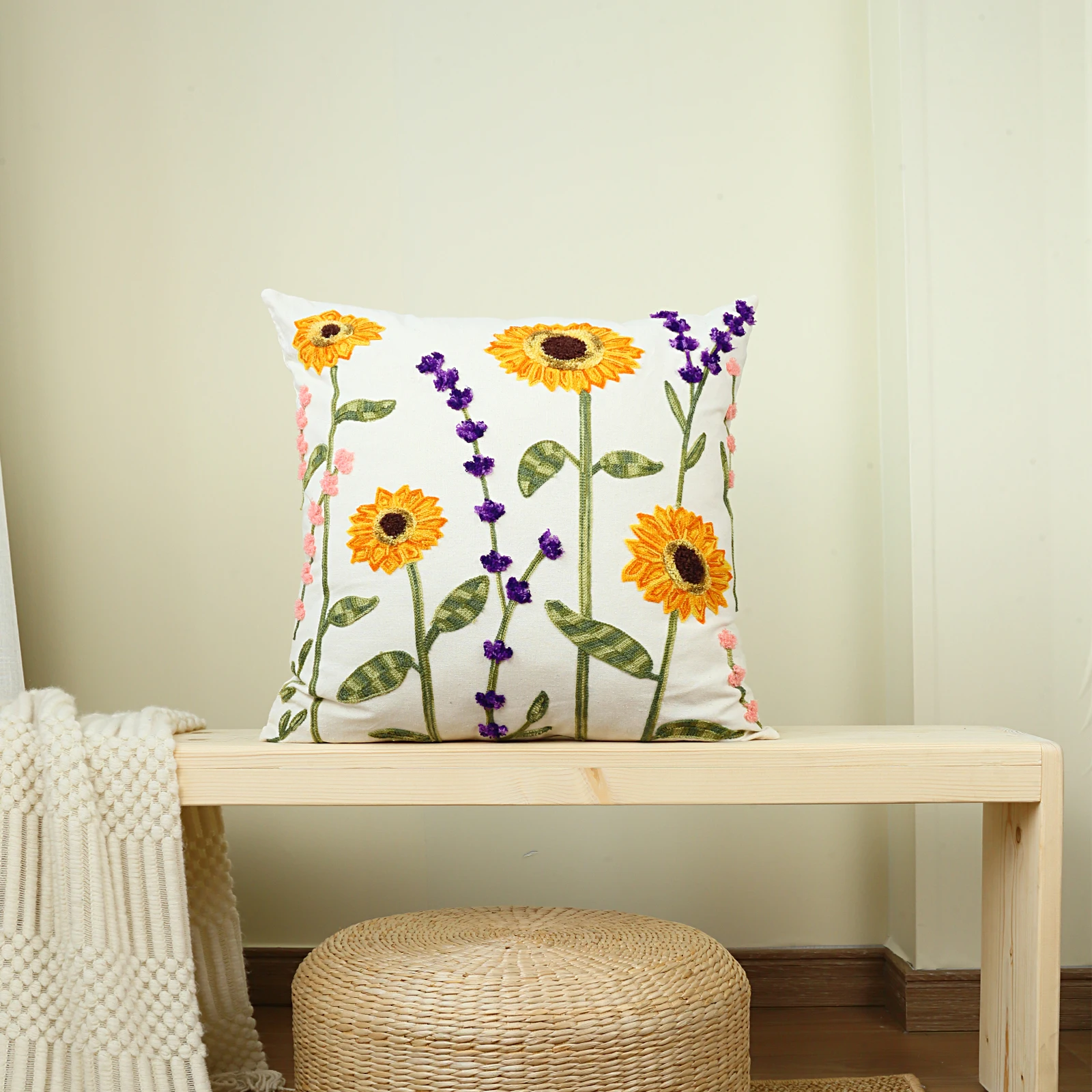 1pc, Embroidery Cushion Covers Soft Decorative Sofa Pillow Cases Sunflower Pillow Cover For Living Room Hotel Decor