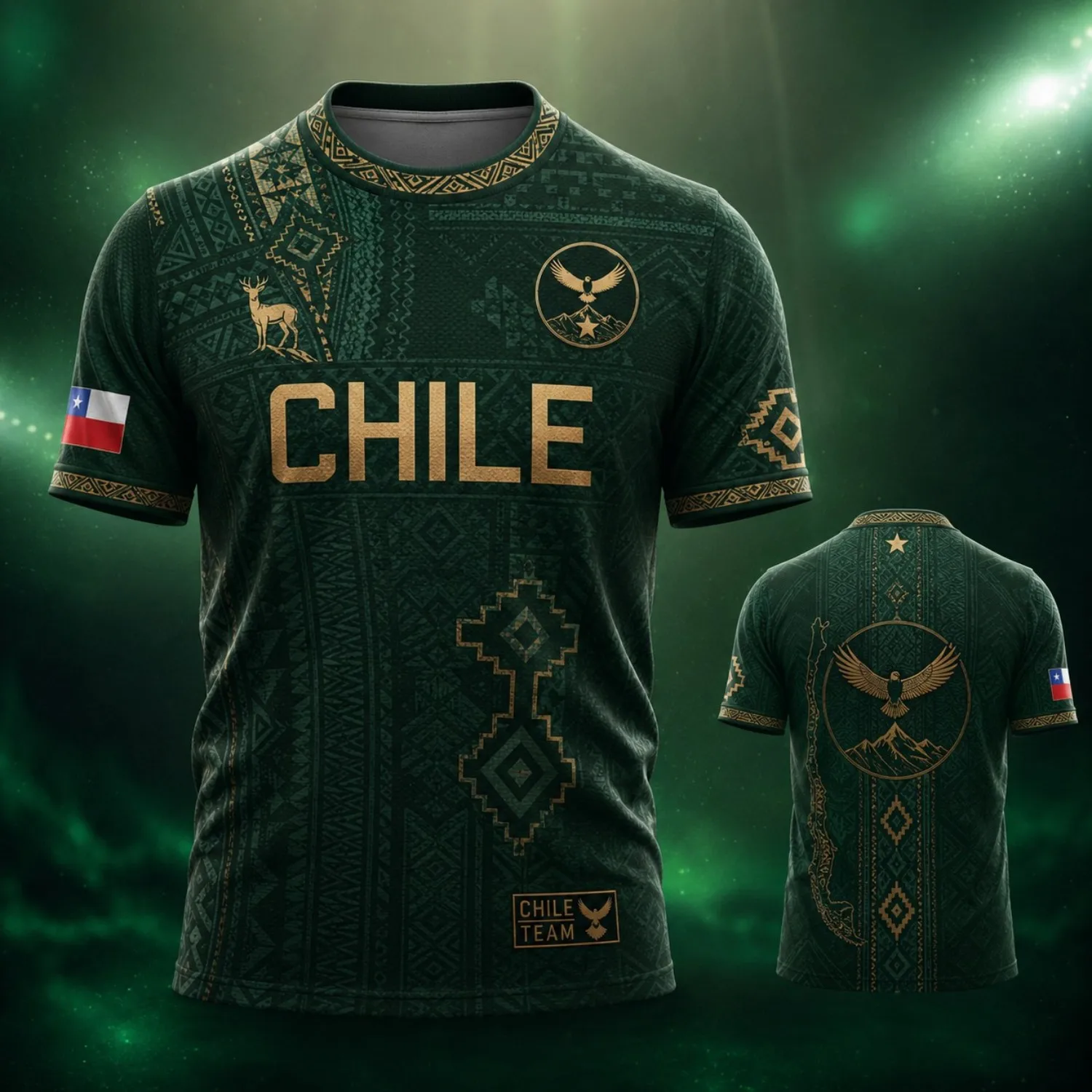 Mens Crew Neck T Shirt Chile Green Gold Tribal Eagle Mountain Graphic Short Sleeve Casual Street Outdoor Team Style Top Wear New