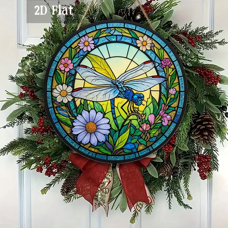 2D Flat - 1pc Wooden Panel Artwork Featuring a Stained Glass Design, Showcasing a Dragonfly And Floral Patterns. This Colorful W