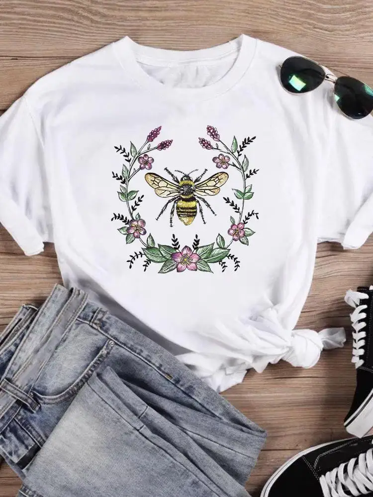 

Bee Flower Lovely 90s Graphic Tee Short Sleeve Fashion Female Print T Top Women Cartoon Shirt Clothing T-shirts