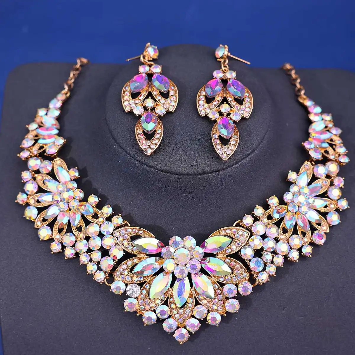Women's Retro Leaf Multicolored Flowers Necklace & Earring Set