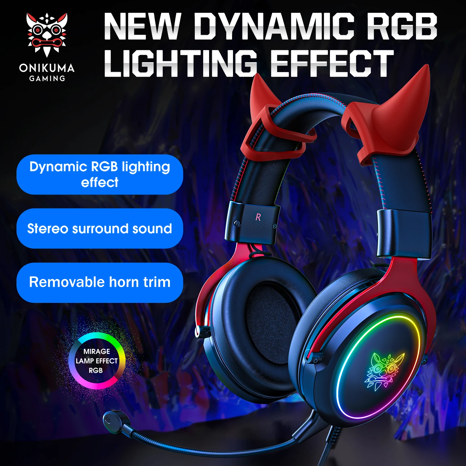 

ONIKUMA X10 Wired Headphones with RGB Head Beam Flexible Mic Button Control Gaming Headset with Detachable Demon Horn for Game