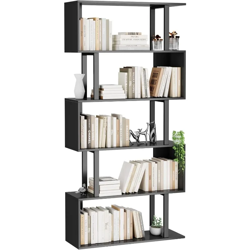 

5-Tier Geometric Bookcase,S Shaped Bookshelf, Wood Decorative Storage Shelving, Modern Freestanding Display Shelves, Tal