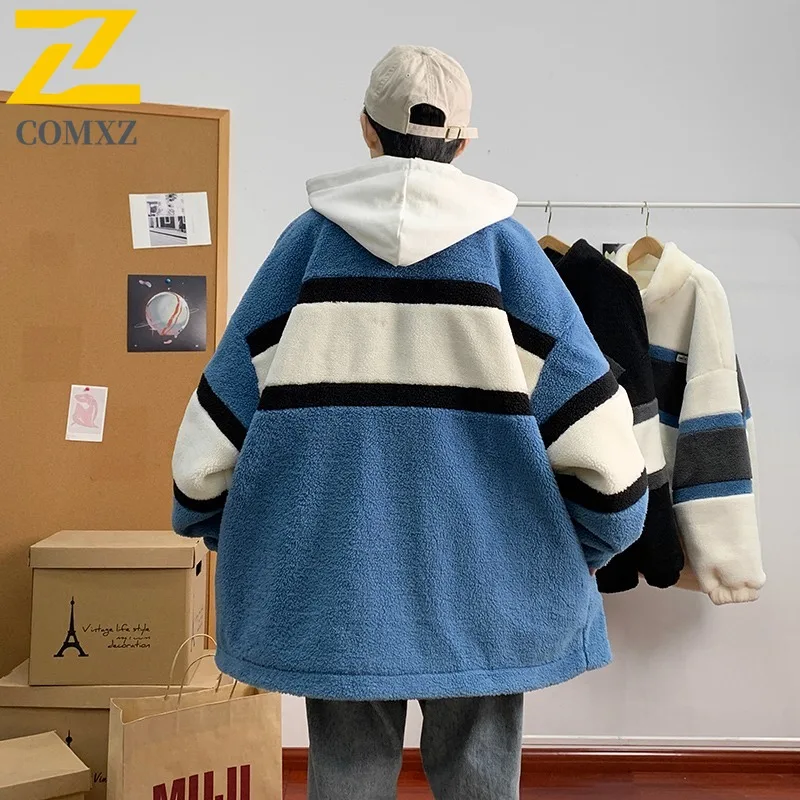 COMXZ 2025 Mens Winter Sherpa Lined Jacket Warm Fleece Coat Fashion Youth Trendy Outerwear tactics lightweight windbreaker