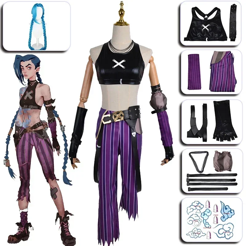 Arcane Loli Jinx Anime Cosplay Costume para Mulheres, Peruca, Etiqueta do Tatuagem, Uniforme, Roupas Sexy, Halloween, Carnaval, Meninas