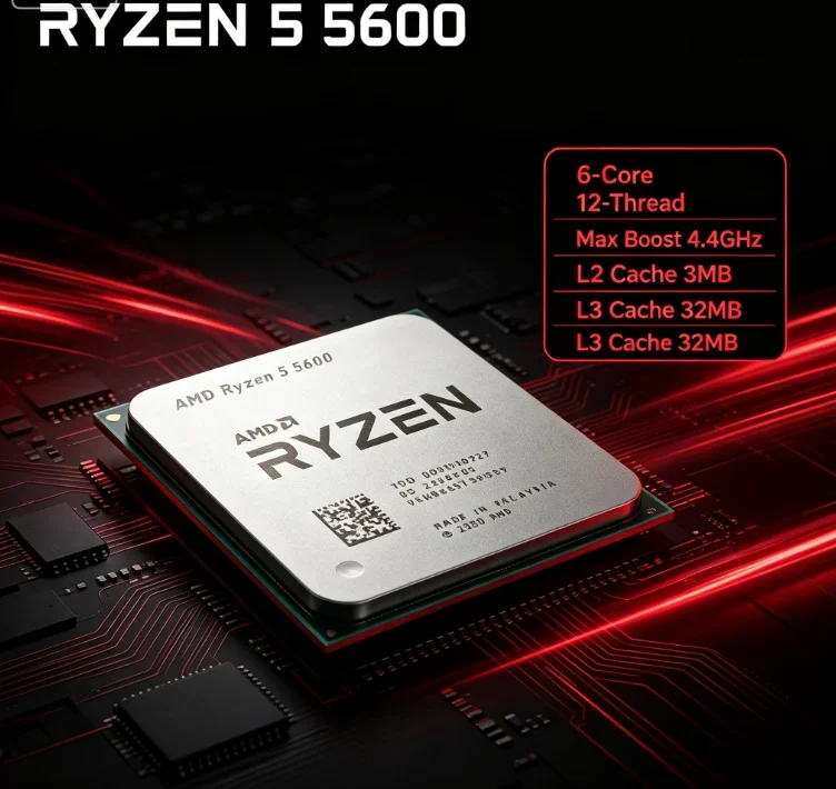 High Performance Gaming Desktop CPU AMD Ryzen 5 5600 6 Core 12 Thread 3.5GHz AM4 Socket 65W Multitasking Processor Without Box