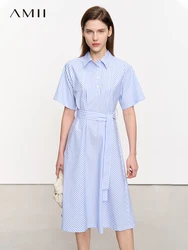 AMII Minimalism Women's Dress with Belt Art Loose Stripe 2023 Summer 100% Cotton Office Lady Polo Neck Female Vestidos 12352047