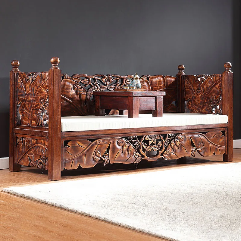 Customized New Chinese Style Tea Arhat Bed Solid Wood Carved Southeast Asian Furniture Thai Living Room Sofa Couche Prefabricate