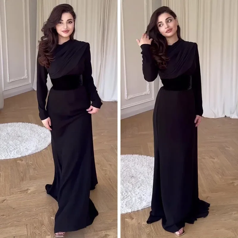 Simple Elegant Mermaid Prom Dresses Black Evening Dresses Full Sleeves Floor Length Crew Neckline Formal Party Dresses