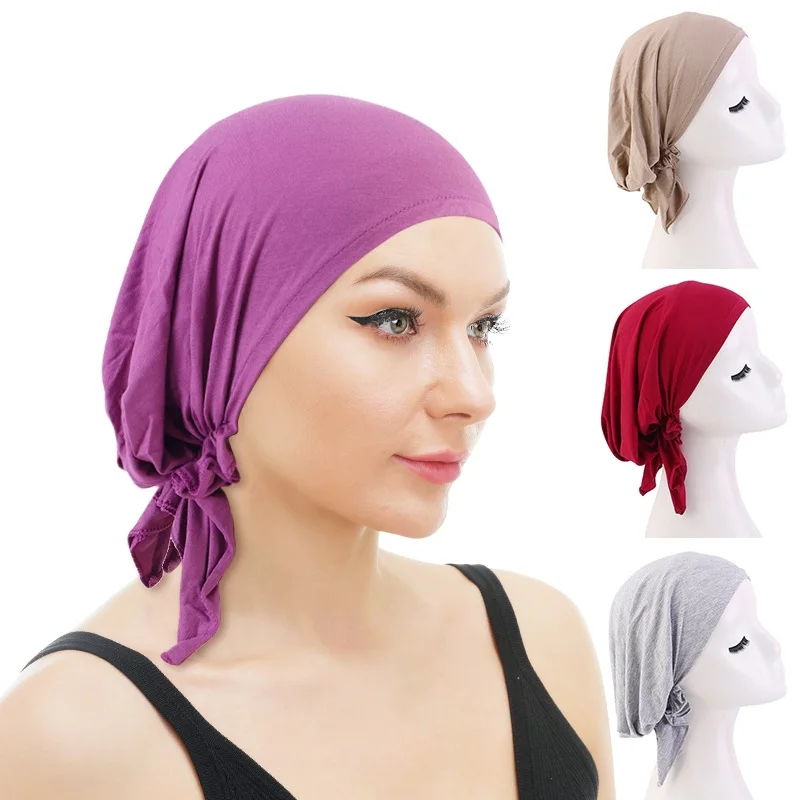 

Muslim Cotton Pre-tie Headscarf Turban Women India Head Wrap Hats Head Cover Hair Loss Scarf Bandana Headwear Chemo Beanies Caps