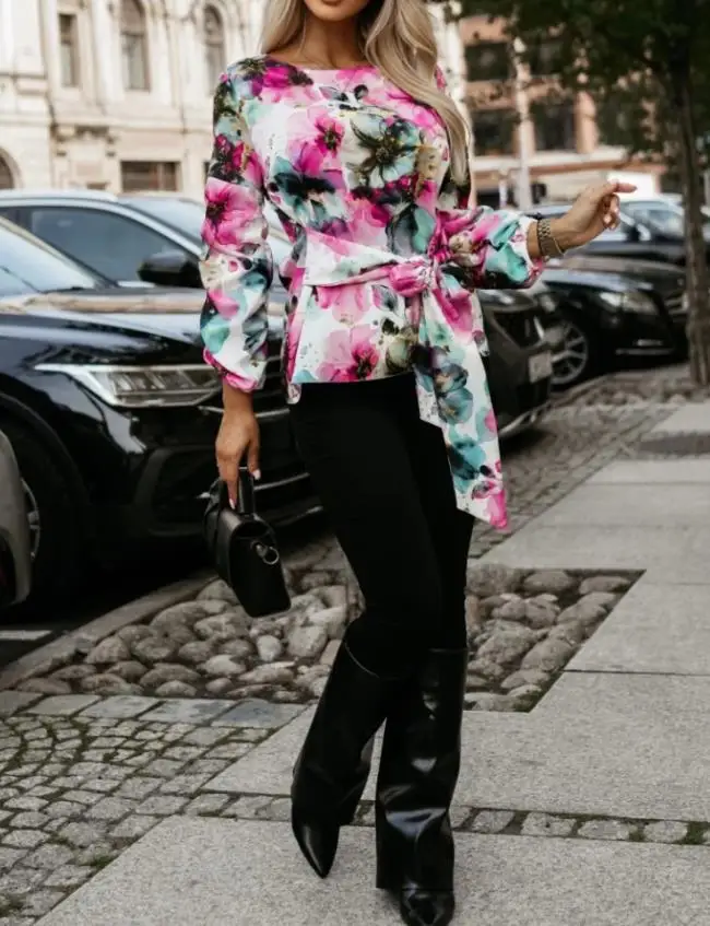 

Flower Print Round Neck Bow Waistband Shirt Casual Top Autumn Women's Elegant Slim Fit Lace Up Long Sleeved Chiffon Shirt Top