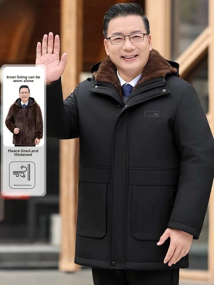

Мужская парка на подкладке Thiened Fce, морозостойкая хлопковая куртка с отделкой из норки, зимняя одежда для отца, кожаная верхняя одежда на меху