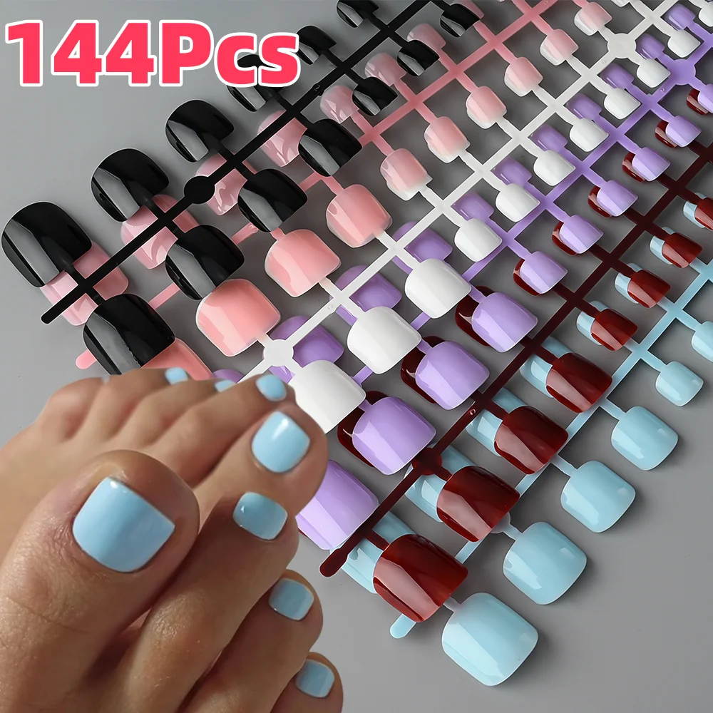 144/100 قطعة أظافر صناعية مربعة قصيرة بلون واحد تغطية كاملة اضغط على أظافر أصابع القدم 12 مقاسًا للنساء أطراف أظافر صناعية للصيف