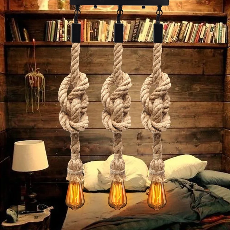 

E27 Retro Three Head Hemp Rope Pendant Lamps Bulb Holder Hanging Lights Fixture for Country Vintage Industrial Style Home Decor