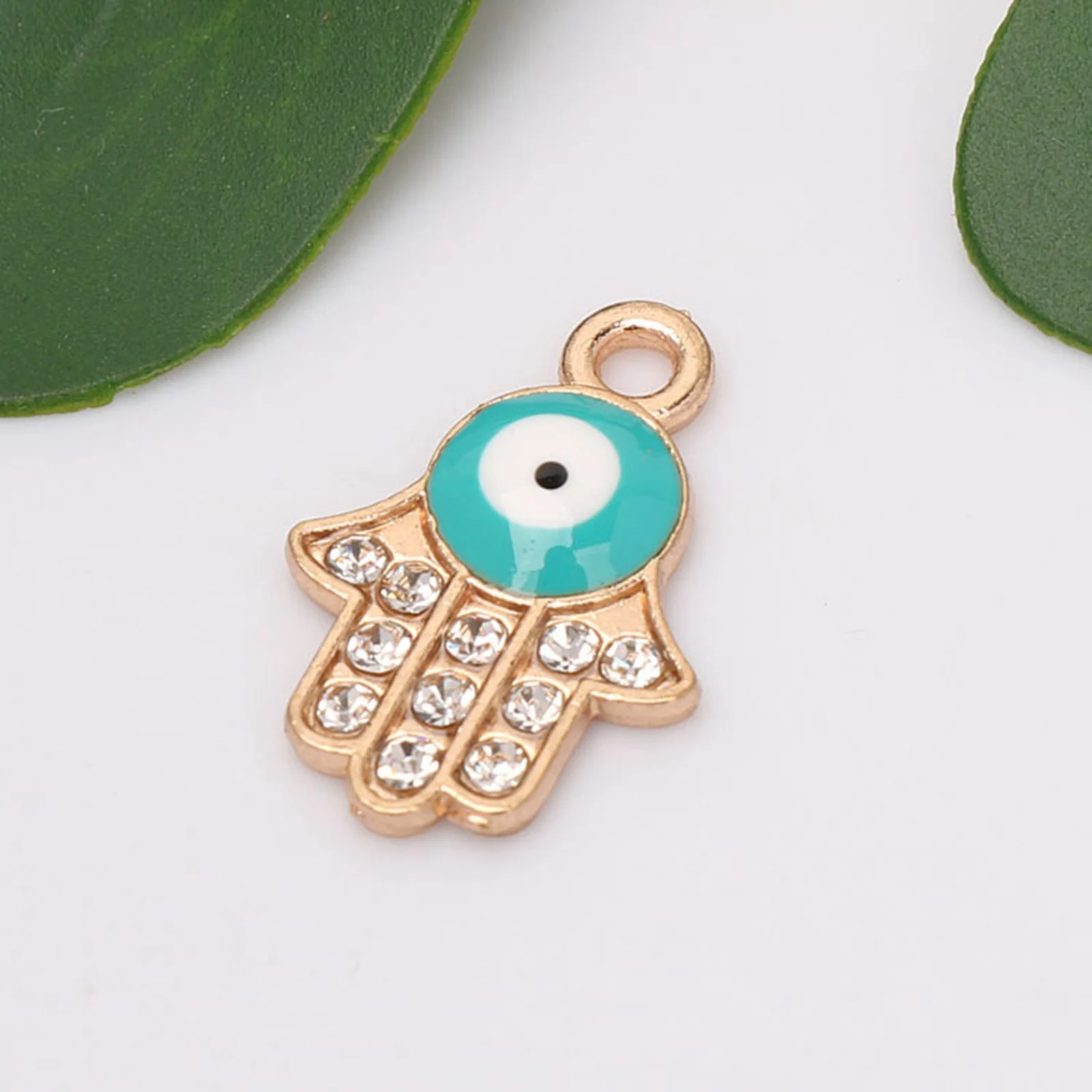 10 Golden Alloy Rhinestone Hamsa Hand Mixed Enamel  EYE Kabbalah Charm Pendants 14X21mm