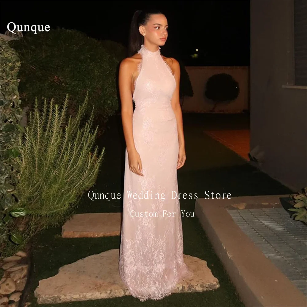 Qunque Blush Pink Mermaid Evening Dresses Lace Appliques Vestidos De Fiesta Elegantes Backless Women Robe De Soirée Customized
