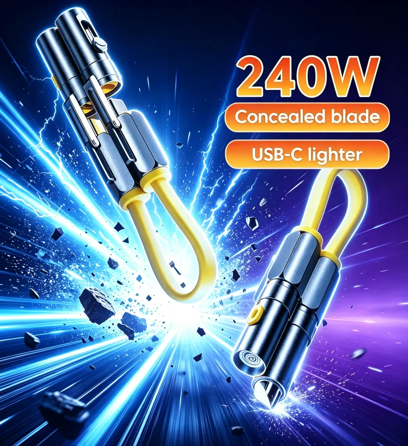 240W 4-in-1 USB-C Fast Charge Cable With Lighter & Hidden Retractable Blade, PD3.1 480Mbps Sync, Zinc Alloy, Keychain Portable