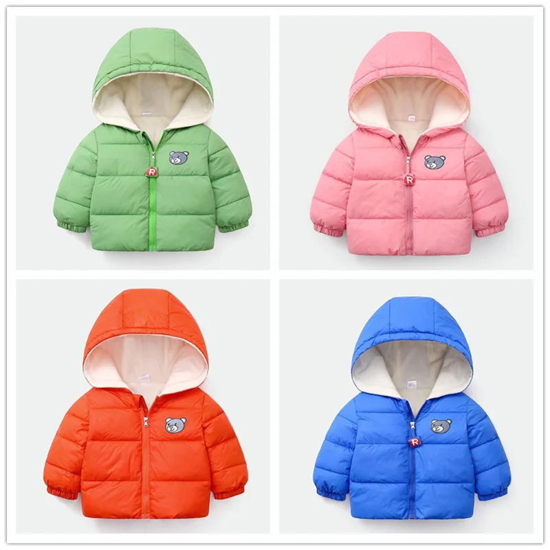 2022 Autumn Winter New Baby Girl Boy Outerwear Hooded Warm Down Jackets Solid Toddler Cotton Clothing Cartoon Bear Print Coats