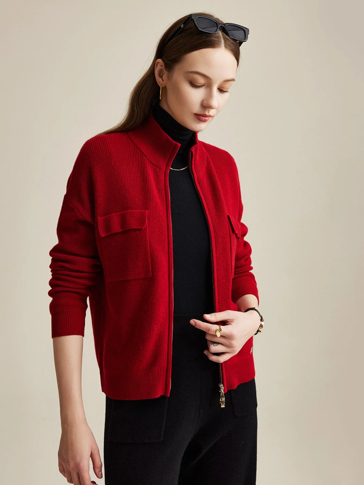

Zhaojun 00% Pure Wool Long Sve Stand Collar Open Cardigan Knitted Outerwear Women Loose Fit Autumn Winter Woolen Coat