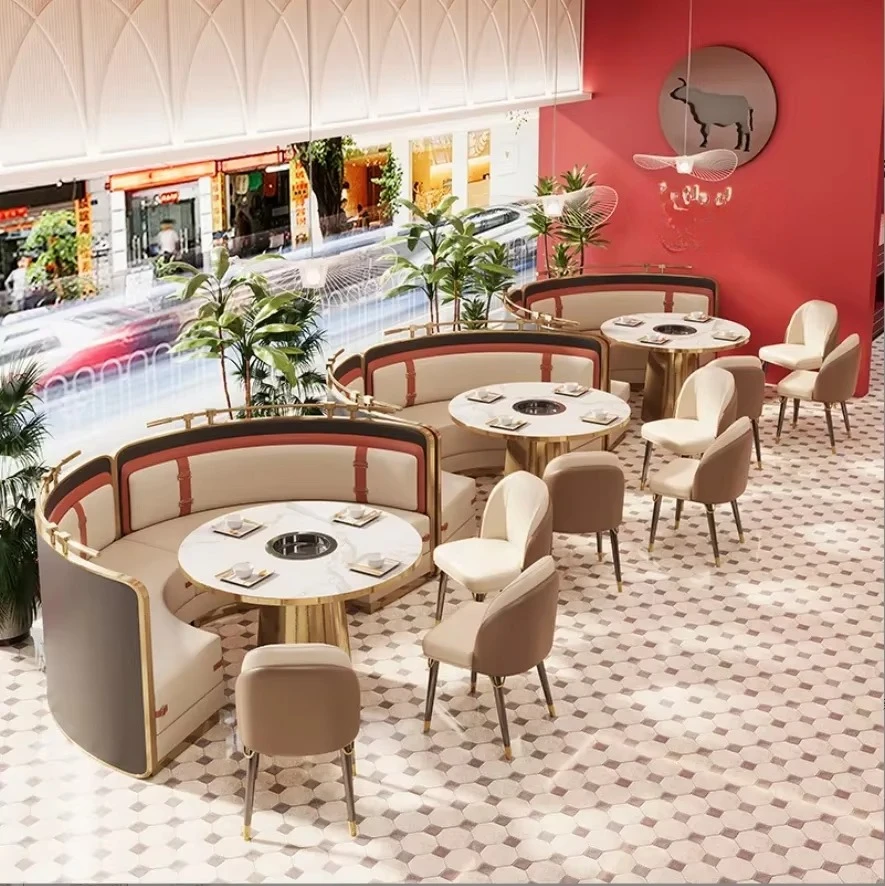 Smokeless Hot Pot Dining Table and Chairs Coffee Shop Furniture Restaurant Half Circle Booth Seating Sofa for Restaurants