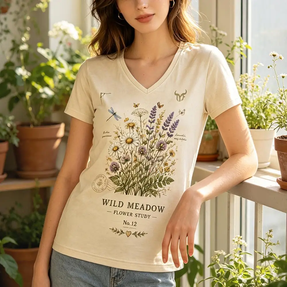 Women Vintage Botanical Floral Print T-shirt Summer Daily Cozy Breathable V Neck Short Sleeve Tops Ladies Fashion Casual Tee