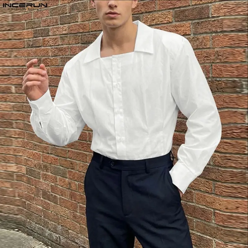 

INCERUN Men's Shirts Solid Camisa Masculina Lapel Long Sleeve Loose Men Clothes Streetwear Button Stylish Casual Tops For Man