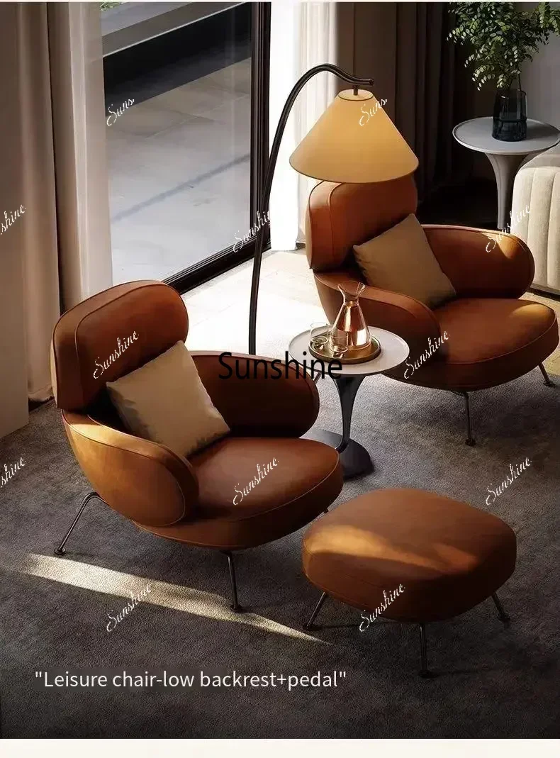 Leather Simple Living Room Chairs Brown Italian Hotel Salon Lounge Chairs Armchair Puffs Designer Fauteuils De Salon Furniture T