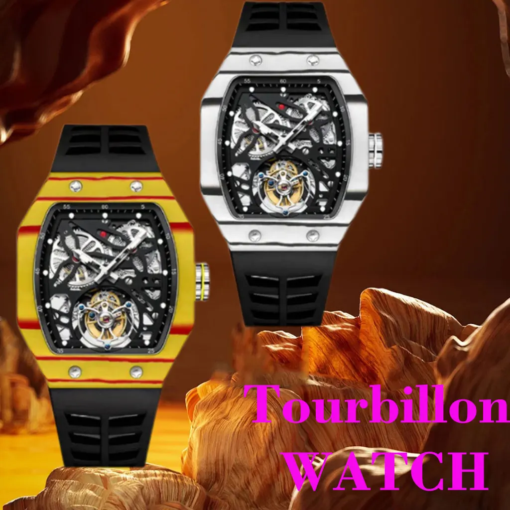 

Trending Square Flying Tourbillon Watch Carbon Fiber Bezel Mechanical Men Wristwatches Top Quality Skeleton yellow Male Clock