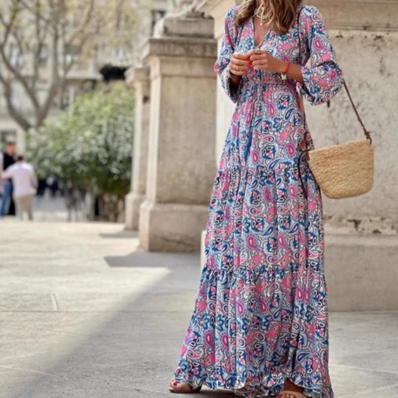 

Women's Summer New Fashionable Printed Sexy V-neck Long Sleeve High Waist Elastic Waist Medium Length Bohemian Dresses