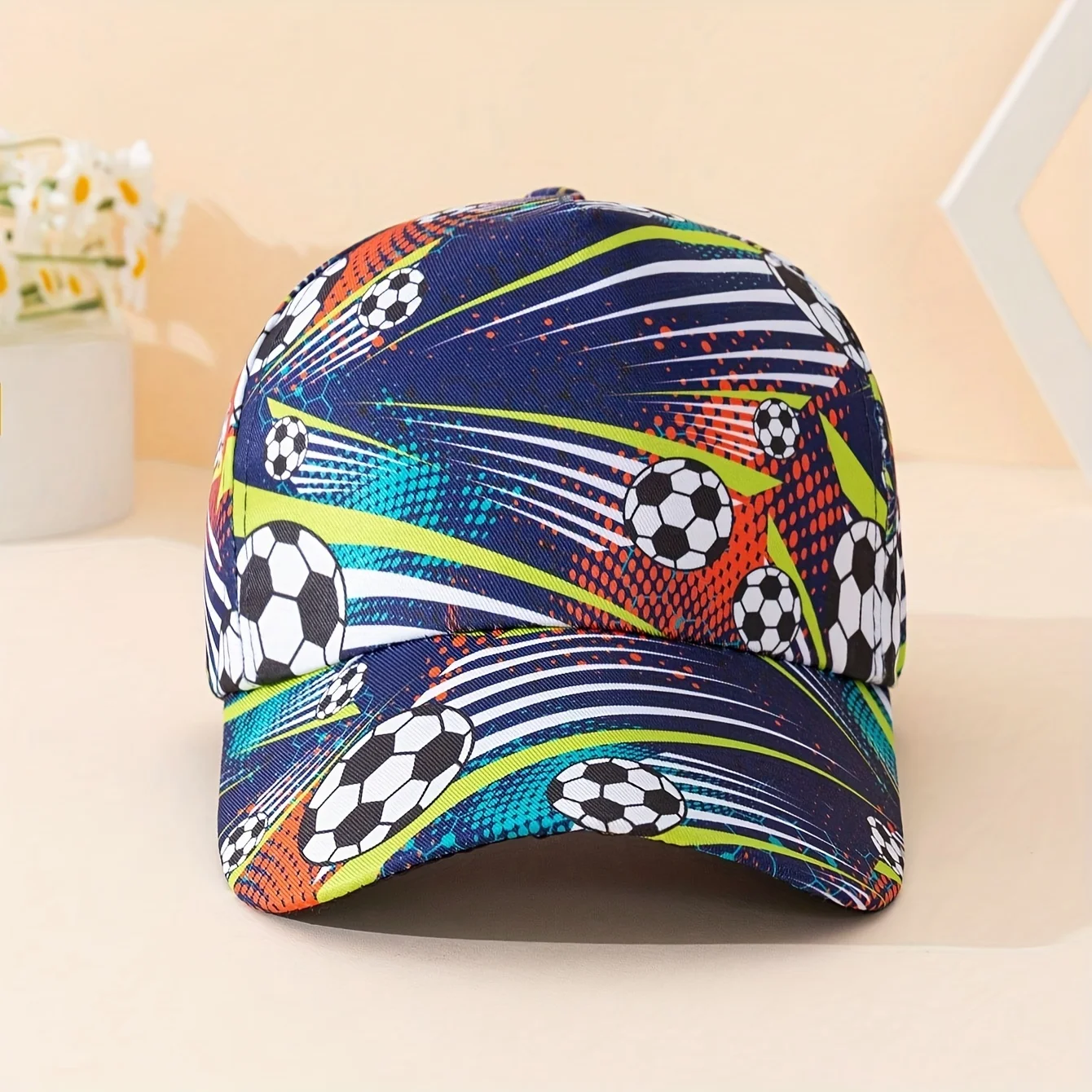 قطعة واحدة من قبعة بيسبول باللون الأزرق الداكن للأطفال - تصميم كرة قدم نابض بالحياة، مسامي وخفيف الوزن، مثالي للاستخدام في الهواء الطلق وغير الرسمي #1